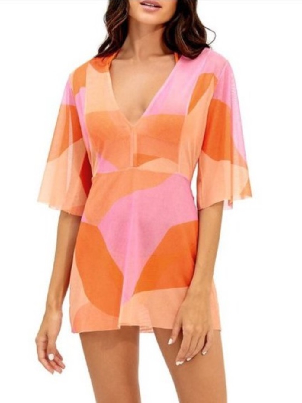 Vix Paula Hermanny Women's Pink & Orange V-Neck Swim Cover-Up Size Large New